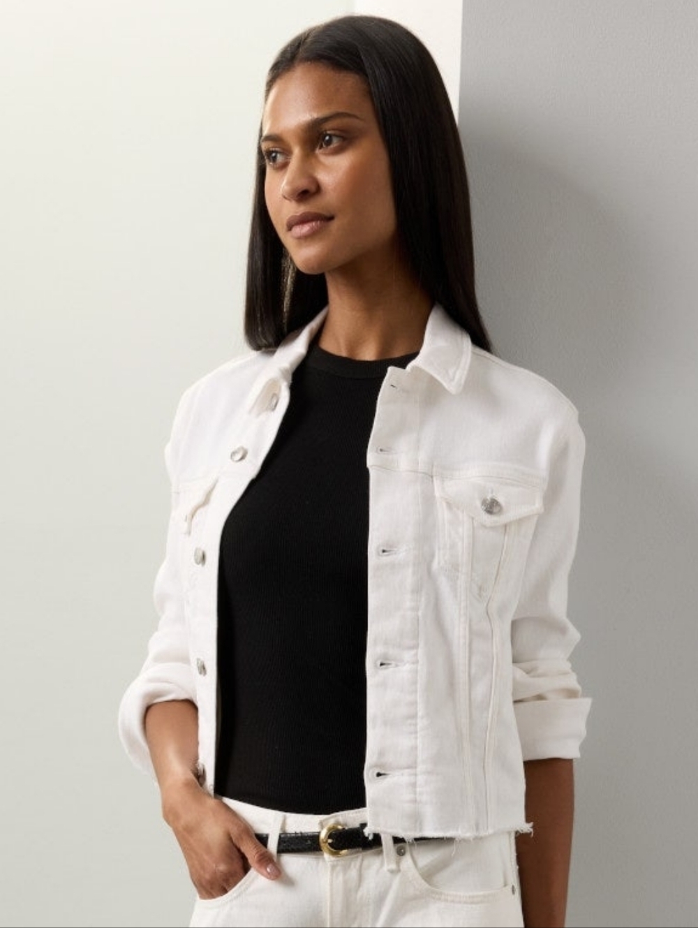 7 For All Mankind White Trucker Jacket Long Sleeves Front Nutton Size L